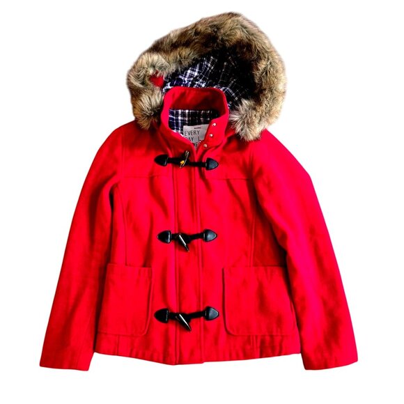 Red Winter Jacket With Faux Fur Hood & Plaid Lining Womens Small - Picture 1 of 5